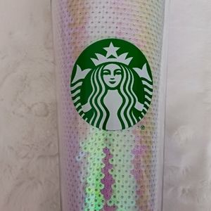 2020 Starbucks Xmas White Sequined Tumbler W/Out Straw No Stains Small Crack